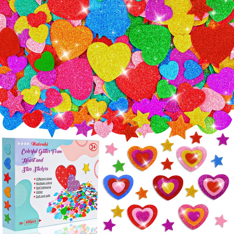 Natonhi 450 Pieces Glitter Foam Heart Stickers, Colorful Self Adhesive Foam Heart Mini Star Stickers for Kid's Arts and Crafts Supplies School Projects Greeting Card Home Decorations - Image 1